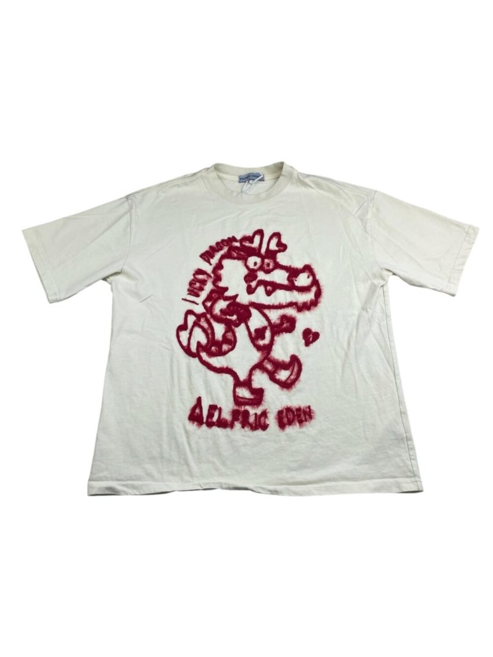 Aelfric Eden Men's Fuzzy Red Lucky Dragon 100% Cotton S/S T-Shirt Ivory • Small